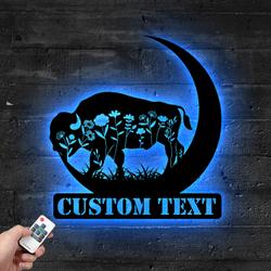 Custom Flower Buffalo On The Moon Metal Sign with LED Light Bison Animal Wall Art Home Decor