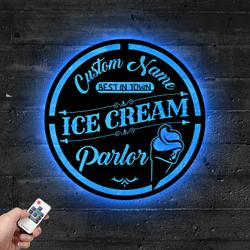 Custom Ice Cream Parlor Name Metal Sign with LED Light Open Food Shop Wall Decor