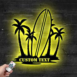custom palm tree and suftboard metal sign with led light tropical vibe home decor 460 3