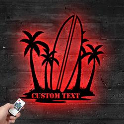 custom palm tree and suftboard metal sign with led light tropical vibe home decor 460 5
