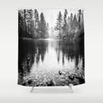7841 forest reflection lake black and white nature photography shower curtain 0
