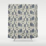 alien abduction toile de jouy pattern in blue shower curtain 0