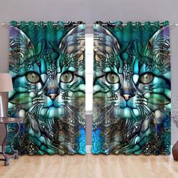 Beautiful Green Cats Pet Window Blackout Curtains Colorful Kitten Cat Face Printed Gift Idea