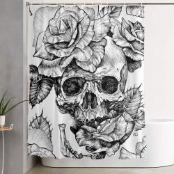 Black And White Skull With Roses Pen Drawing Shower Curtain Set For Bathroom Decor Best Gift For Friends