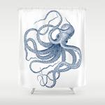 blue nautical vintage octopus illustration shower curtain 0