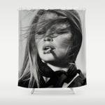 brigitte bardot smoking a cigarette black and white photograph shower curtain 0