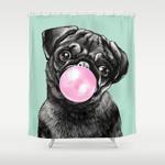 bubble gum black pug in green shower curtain 0