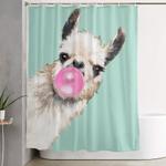 bubble gum sneaky llama in green shower curtain 0