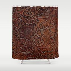 Burnished Rich Brown Tooled Leather Shower Curtain Set For Bathroom Decor Best Gift For Friends
