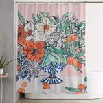 california summer bouquet oranges and lily blossoms in blue and white urn shower curtain 0