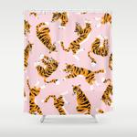 cute tiger in the tropical forest hand drawn on pink background illustration shower curtain 0