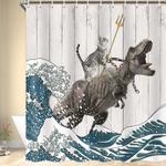 funny cat dinosaur japanese ocean wave fabric shower curtain for rustic wood farmhouse kids bathroom 0
