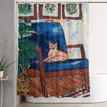 ginger cat on blue mid century chair painting shower curtain 0