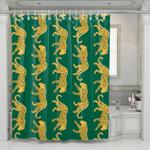 golden tigers walking in forest shower curtains 0
