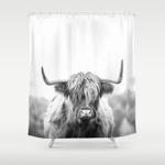 highland cow longhorn in a field black and white shower curtain 0
