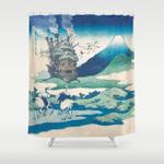 howl castle and japanese woodblock mashup shower curtain 0