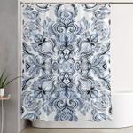 indigo navy blue and white calligraphy doodle pattern shower curtain 0