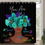 inspirational teal rose black girl bathroom set with shower curtain toilet lid cover and bath mat 0