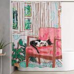 little naps tuxedo cat napping in a pink mid century chair by the window shower curtain 0