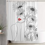 minimal line art girl with sunflowers shower curtain 0