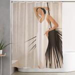 minimal woman with a palm leaf shower curtain 0