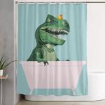 playful t rex in bathtub in green shower curtain 0