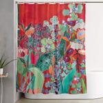 red floral jungle garden botanical featuring proteas reeds eucalyptus ferns and birds of paradise shower curtain 0