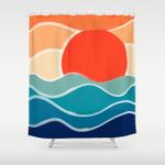 retro 70s and 80s color palette mid century minimalist nature waves and sun abstract art shower curtain 0
