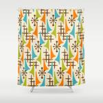 retro mid century modern atomic wing pattern 421 brown orange turquoise and olive green shower curtain 0