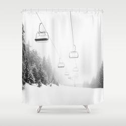 Snow Lift // Ski Chair Lift Colorado Mountains Black And White Snowboarding Vibes Photography Art Print Shower Curtain