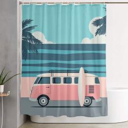 Surfer Graphic Beach Palm-Tree Camper-Van Art Shower Curtain Set For Bathroom Decor Gift For Friends