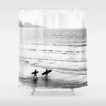 surfers black and white beach photography shower curtain 0