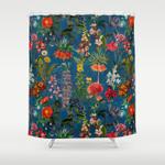 vintage shabby chic blue midnight spring botancial flower garden shower curtain 0