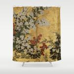 white red chrysanthemums floral japanese gold screen shower curtain 0