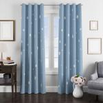 white stars in the center of blue window curtain 0