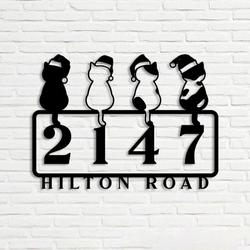 Cat with Christmas Hat Address Sign House Number Plaque Custom Metal Wall Art