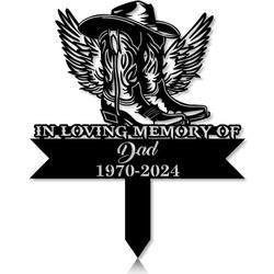 Personalized Memorial Garden Stakes In Loving Memory Cowboy Boots Hat with Wings Grave Marker