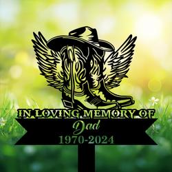 com personalized memorial garden stakes in loving memory cowboy boots hat with wings grave marker loss of loved one sympathy gifts cowboy cemetary decor 3