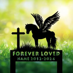 com personalized memorial garden stakes pony horse with wings standing beside a cross grave marker loss of pony horse sympathy gifts pony horse cemetary decor 1