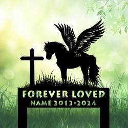 com personalized memorial garden stakes pony horse with wings standing beside a cross grave marker loss of pony horse sympathy gifts pony horse cemetary decor 2