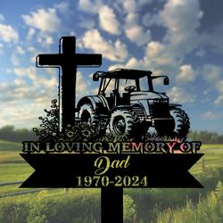 com personalized memorial garden stakes tractor with cross farmer dad grave marker farmer loss gift remembrance stake 2