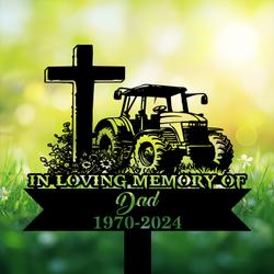 com personalized memorial garden stakes tractor with cross farmer dad grave marker farmer loss gift remembrance stake 3