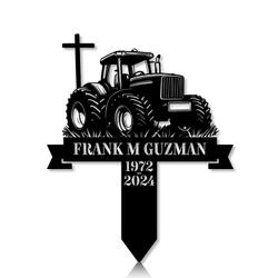 Personalized Memorial Garden Stakes Tractor with Cross Farmer Grave Marker Farmer Loss Gift Remembrance Stake