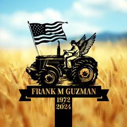 com personalized memorial garden stakes vintage farmer with wing on tractor with us flag grave marker loss of loved one sympathy gifts farmer cemetary decor 4