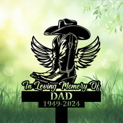 com personalized memorial garden stakes vintage in loving memory cowboy boots hat with wings grave marker loss of loved one sympathy gifts cowboy cemetary decor 1