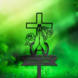 cross with praying hand grave marker metal garden stakes memorial gifts sympathy gifts for loss of loved one 1