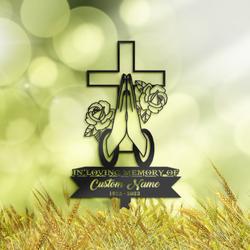 cross with praying hand grave marker metal garden stakes memorial gifts sympathy gifts for loss of loved one 2
