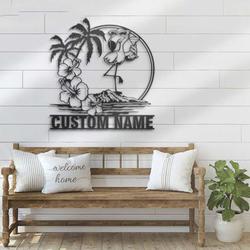 flamingo sunglasses hawaiian name sign wall art personalized metal sign flowers scene 1