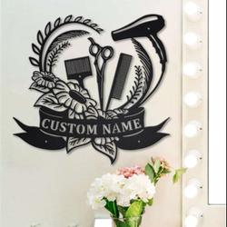 floral hair stylist name sign heart shape hair salon decor custom metal sign 1