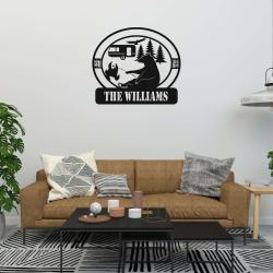 funny bear camping in the forest custom metal sign 1